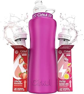 Cirkul 32oz. Hot Pink Stainless Steel Water Bottle Starter Kit with Pink Lid and 2 Flavor Cartridges (1 LifeSip Strawberry, 1 GoSip Passion Fruit Dragon Fruit) No Sugar, Zero Calorie Drink Mix