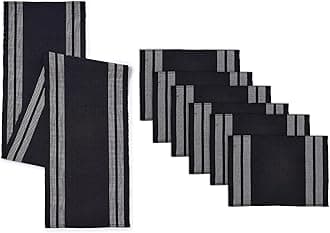Encasa XO Table Runner and Placemats Set 6 | Fine Ribbed Cotton | Ladder Black | 1 Table Runner Size 32x183 cm & Each Table Mat Size 48x32 cm