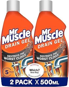Mr Muscle Drain Unblocker, Sink & Drain Cleaner, Fast Acting Heavy Duty Drain Gel, Dissolves Clogs, Works 3x Better Than Bleach, Safe for All Pipes, Duo Pack (2 x 500ml)