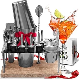 Bar Set Cocktail Shaker Set Bartender Kit, 17 Piece Silver Cocktail Set, Mixology Bartender Kit with Wood Stand, Steel Cocktail Kit, Bar Accessories: 30oz Martini Shaker, Muddler, Cocktail Book & More