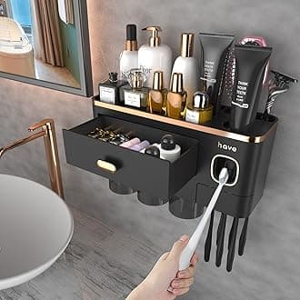 iHave Toothbrush Holder Wall Mounted Bathroom Organiser, Toothbrush Holders for Bathroom with Automatic Toothpaste Dispenser & 3 Cups, Large Capacity Tray Tooth Brush Holder Bathroom Accessories