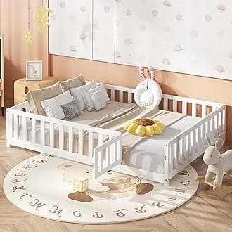 Bellemave Floor Bed Full Size Montessori Bed Frame with Fence and Door, Wooden Full Platform Bed for Kids, Boys Girls, Solid Wood Full Bed, No Box Spring Needed (White)