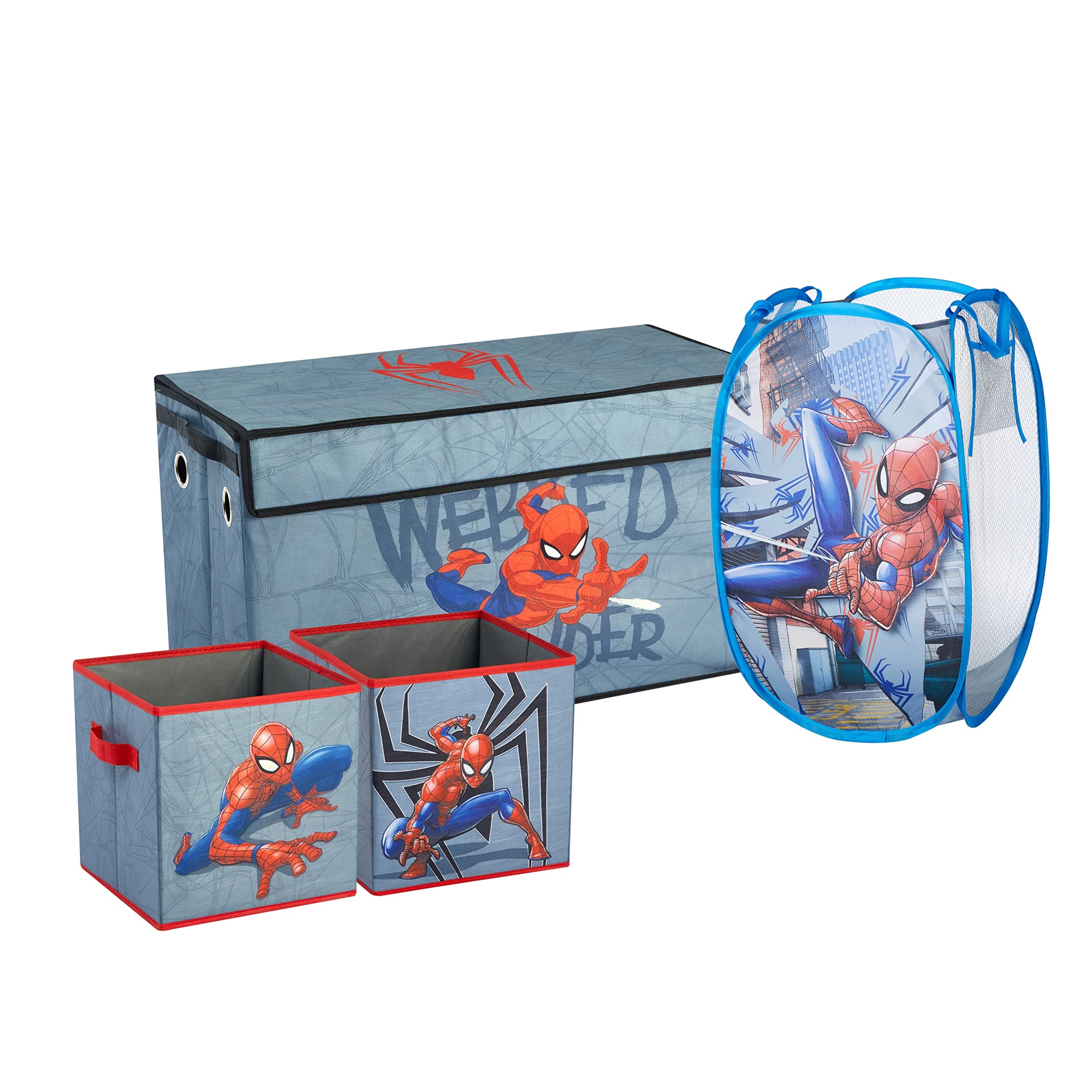 Marvel Spiderman 4 Piece Collapsible Storage Solution Set with Pop Up Hamper, Collapsible Storage Trunk and 2 Collapsible Storage Cubes