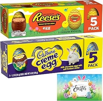 Easter Eggs | 5 Cadbury Creme Milk Chocolate Eggs & 5 Reese’s Peanut Butter Eggs + Happy Easter Tag Card | Gift Boxed, Easter Hunt, Basket Stuffer & Filler, Party Decor (10 Eggs)