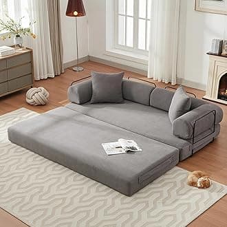 ZEIINPA Convertible Sleeper Sofa Bed with Cylindrical Pillow, Corduroy Folding Mattress Couch with Fixed-Shape Frame, Floor Sofa Lounge Couch for Living Room Bedroom Lounge Studio-Grey