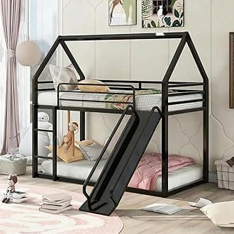 Twin Over Twin Bunk Bed with Slide, Junior House Low Bunk Bed Metal Bunkbeds with Ladder and Full-Length Guardrail for Girl, Boy, Floor BunkBed, No Box Spring Needed (Black)