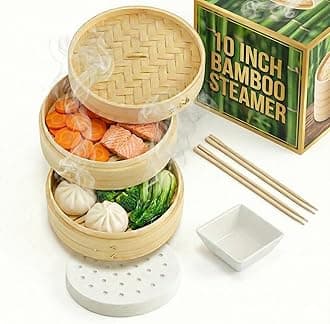 Prime Home Direct Bamboo Steamer Basket 10-Inch | 2-Tier Steamer for Cooking | 50 Liners, Chopsticks, Sauce Dish | Steaming Asian Food, Bao Buns, Chinese, Dim Sum, Dumpling, Rice, Vegetable Steam Pot