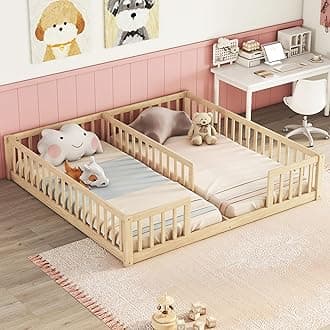 Mirightone Double Floor Bed Frames for Kids, Wood Montessori Bed with Fence Rails, Two Twin Bed Frames for Kids Boys Girls Children,Natural
