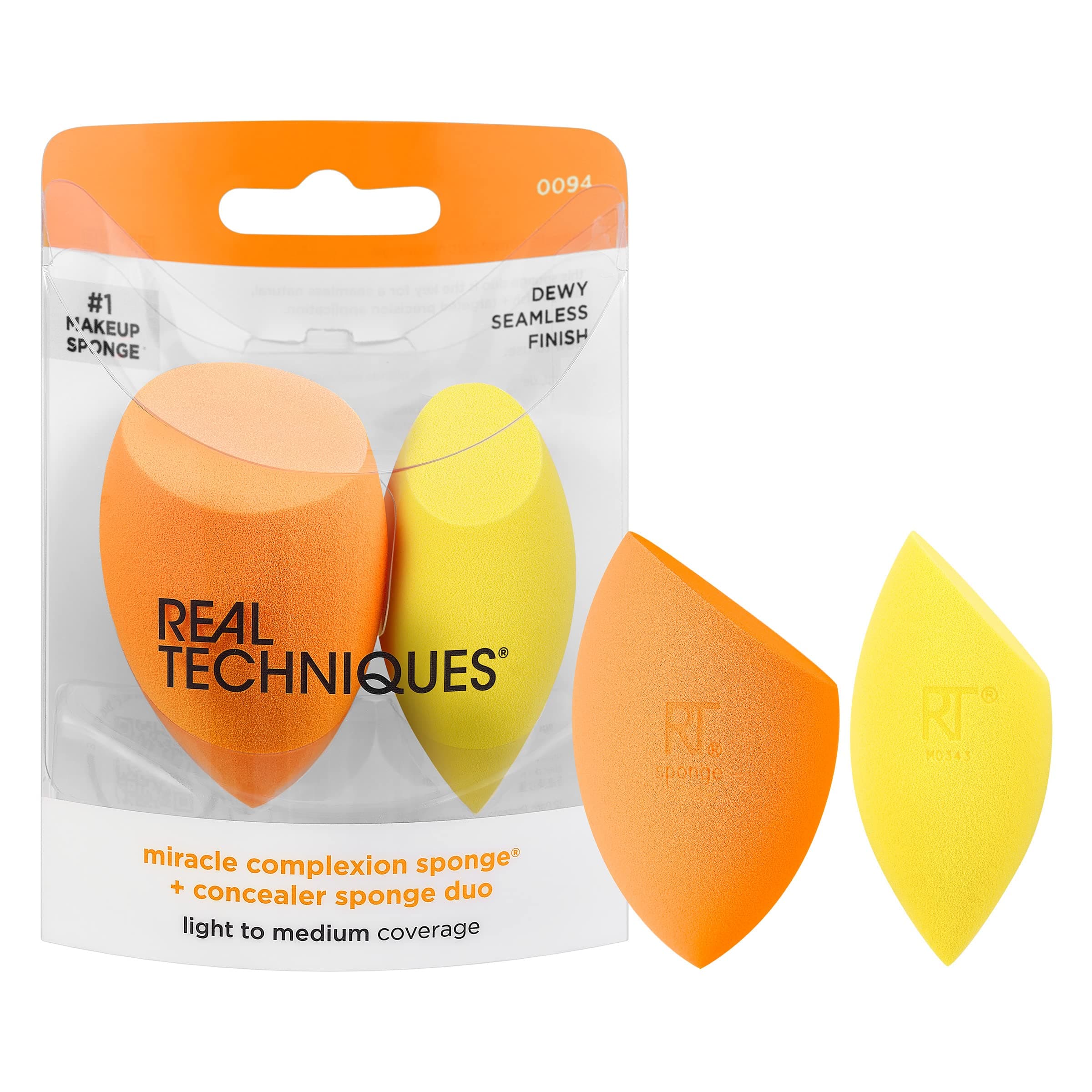 Real Techniques Miracle Complexion Sponge + Concealer Sponge Duo, Makeup Blending Sponges For Foundation & Concealer, Offers Light To Medium Coverage, Natural, Dewy Makeup, Latex-Free Foam 2 Count