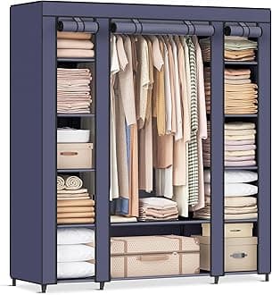 SONGMICS Closet Wardrobe, Portable Closet for Bedroom, Clothes Rail with Non-Woven Fabric Cover, Clothes Storage Organizer, 59 x 17.7 x 69 Inches, 12 Compartments, Dark Blue ULSF003I02