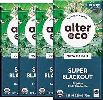 Dark Chocolate Bars | Pure Dark Cocoa, Fair Trade, Organic, Non-GMO, Gluten Free (4-Pack Super Blackout)