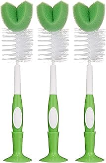 Amazon Brand - Mama Bear Baby Bottle Brush with Nipple Cleaner and Suction Cup Stand,White,3 Count (Pack of 12)
