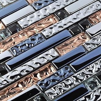 Hominter 6-Sheets Silver Rose Gold and Dark Blue Mixed Glass Tile for Fireplace Surround Wall Decor, Black led Crystal Mosaic Kitchen Backsplashes and Bathrooms KS180