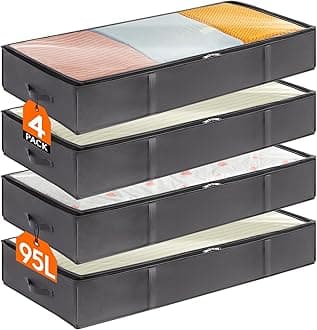 4 Pack 95L Under Bed Storage, Underbed Storage Boxes with lid Clothes Storage Bag Wardrobe Storage Organiser with Reinforced Handle, PVC Window for Duvet, Blanket, Clothing, Shoes, Grey