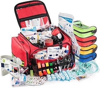 Scherber Fully-Stocked First Responder Professional Advanced EMT/EMS Trauma Kit | HSA/FSA Approved | Reflective Bag w/10+ Compartments, Zippered Pockets & 250+ First Aid Supplies (Red)