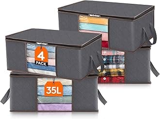 Lifewit 4 Pack Clothes Storage Bag Foldable Storage Boxes with Lids Underbed Wardrobe Storage Organiser with Sturdy Fabric Clear Window for Clothing Bedding Sweaters T-shirts Blankets, 35L, Grey