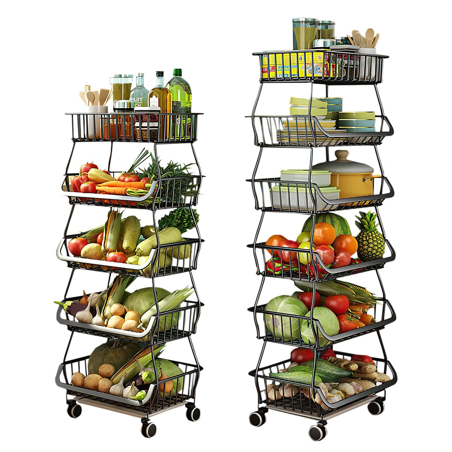 Stackable Storage Baskets 4 Tiers Wire Organizer Basket with Lockable Universal Wheels Fruit Vegetable Product Metal Storage Bin for Kitchen Pantry Bathroom (6-Tier)