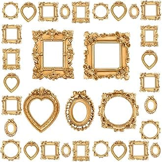 Vicenpal 50 Pcs Vintage Resin Picture Frame Antique Mini Resin Jewelry Display Photography DIY Small Photo Frame for Photo Home Decoration (Gold)