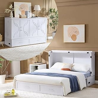 Queen Murphy Bed, Pine Wood Murphy Bed Queen,Cubic Cabinet with Mattress,Storage Drawer,14pcs Auxiliary Wheels Underearth& USB Charging Station for Living Room Apartment (White 4#)