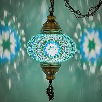 DEMMEX Plug-in Turkish Moroccan Mosaic Hanging Pendant Ceiling Light – Swag Lamp Fixture with 15ft Cord & Chain, Handcrafted, Vintage Tiffany Style, Mediterranean Exotic Decor, Turquoise Blue Green