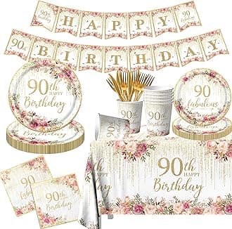 90th Birthday Party Tableware, 142Pcs Rose Gold 90th Birthday Decorations for...