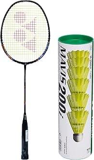 YONEX Nano ray 18I Badminton Racquet (Black, Graphite, G4-77g, 30 lbs. Tension) & Mavis 200i Nylon Shuttle Cock, Pack of 6 (Yellow) Combo