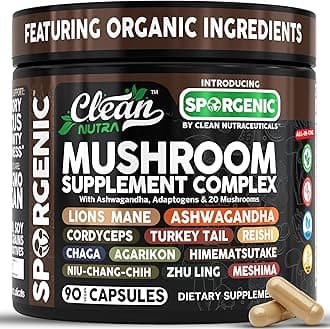 Organic Mushroom Supplement | Ashwagandha Lions Mane Cordyceps Turkey Tail Reishi Mushrooms Maca Root Black Hoof Chaga Tremella Agarikon Shiitake Oyster Powder Capsules Sporgenic By Clean Nutra (1)