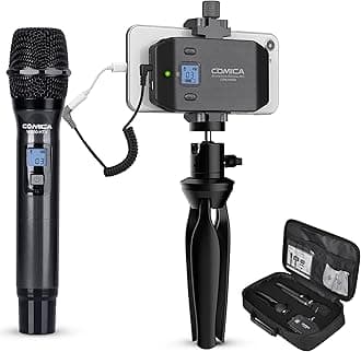 Comica CVM-WS50(H) Wireless Microphone System, 6 Channels Handheld Interview Microphone with Flexible Combination Grip for Smartphone, Camera, Perfect for YouTube, Interview, Video Conference, Podcast