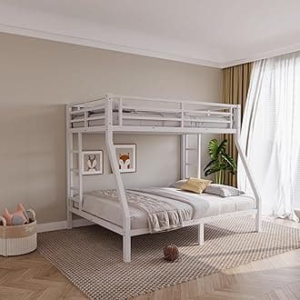 Metal Twin Over Full Bunk Bed for Kids & Adults with Extra Thick Support Columns & Higher Guardrail, 2 Ladders, Squeak-Free, Heavy Duty, No Box Spring Needed, Easy Assembly, White