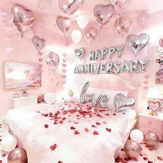 Anniversary Decorations, Happy Anniversary Banner, Pink Hanging String Hearts, Pink and White Balloons, Love Balloon, Red Silk Rose Petals for Wedding Bridal Shower Bachelorette Party Decorations