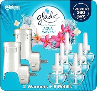 Glade PlugIns Refills Air Freshener Starter Kit, Scented and Essential Oils for Home and Bathroom, Aqua Waves, 4.02 Fl Oz, 2 Warmers + 6 Refills