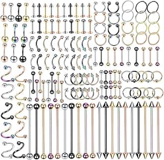 Oveta 55-150PCS Body Piercing Jewelry Lot 14G 16G 20G Stainless Steel Nose Lip Tongue Cartilage Tragus Eyebrow Industrial Barbell Belly Button Rings Piercing Kit Jewelry