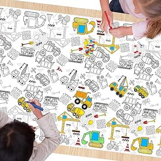 1 Pack Construction Coloring Table Cloth for Kids - Giant Construction Theme Color-in Paper Poster, Dump Truck Painting Activity Tablecloth for Construction Birthday Party Supplies Favors, 54 x 108 In