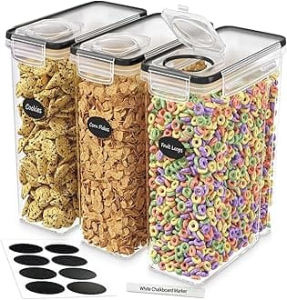 DWËLLZA KITCHEN Cereal Containers Storage – 3 Pack Cereal Dispenser Airtight Food Storage Containers BPA-Free Pantry Organization and Storage, Canister for Flour & Sugar 1 Marker 8 Labels (135.2oz)