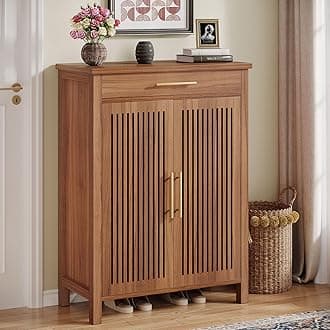 Tribesigns Shoe Cabinet, 5-Tier Shoe Storage Cabinet with Louvered Doors and Drawer, Freestanding Wooden Shoe Rack Organizer with Adjustable Shelves for Entryway, Hallway, Closet, Brown