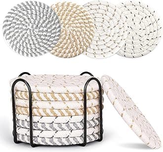 Farmhouse Coasters Set of 8 for Drinks, Absorbent Woven Coaster Set with Holder Cute Cloth Coasters for Home Decor Coffee Table Office Desk, Handmade Boho Decor Tabletop Protection