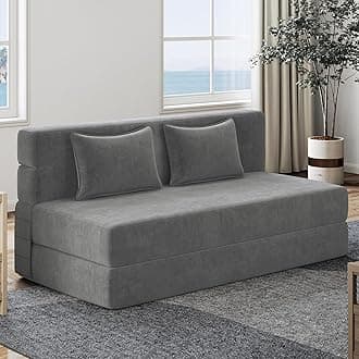 Luoxiao Folding Sofa Bed, Foldable Full Lazy Floor Couch for Adults with Pillows, Portable Convertible Futon Sleeper Chair for Small Space/Guest Room, Washable Cover, High-Density Foam, Light Grey