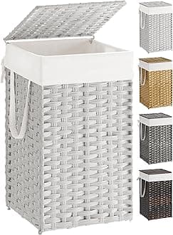 Laundry Hamper with Lid, 17.2 Gallon (65 L) Synthetic Rattan Clothes Laundry Basket with Lid and Handles, Foldable, Removable Liner, Cloud White ULCB165W01