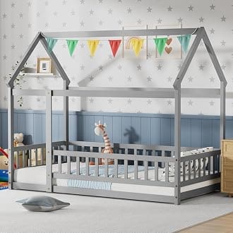Twin Size Montessori Floor Bed with Roof & Fence Guardrails for Boys Girls Bedroom,Twin Size Floor Wooden Bed Frame,Easy Assemble,No Box Spring Needed, Gray