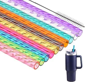 Dakoufish 15 Inch 10 Color Replacement Reusable Drinking Straw for Stanley 128 oz 100 oz 64 oz Tumbler,Plastic Swirl Straws for Stanley Tumblers Accessories,Set of 10 with Cleaning Brush