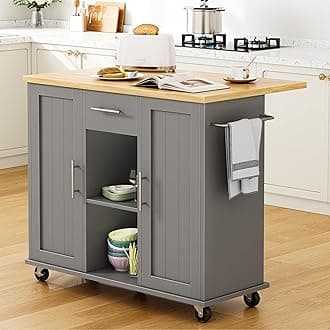 Shintenchi Kitchen Island with Storage, Bar Cart Cabinet Island Table on Wheels, Rolling Microwave Cart for Kitchen with Drop Leaf, Drawers, Towel Rack, Seating Area for Dining Room, Gray