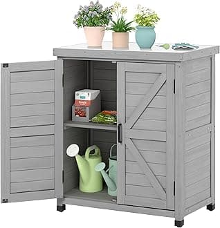 Outdoor Storage Cabinet & Potting Bench Table with Metal Top, Wooden Patio Furniture, Garden Workstation (Classic Grey, 36x31x17in)