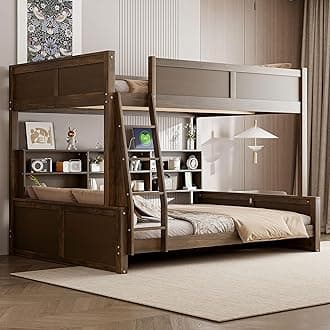 Bellemave Full XL Over Queen Bunk Bed for Kids/Adults,Bunk Beds with Charging Station and Bookcase,Solid Wood Bunk Beds Full XL Over Queen for Girls,Boys,Antique Wood