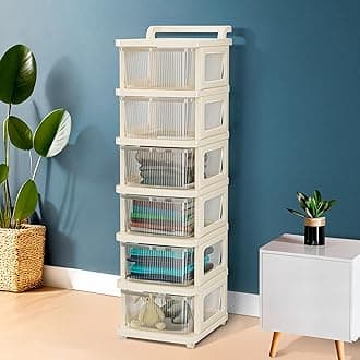 Kuber Industries 6 Layer Plastic Modular Storage Drawer Organizer with Wheels | Chest of Drawer Storage Box for Living Room, Office, School and Home | Toys Organiser for Kids Room | Transparent Ivory