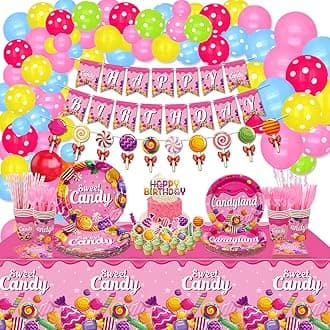 Candyland Party Decorations - Lollipop Theme Birthday Party Decorations Including Balloons, Banner, Plates, Tablecloths, Cups, Napkins, Tableware Sets for Candy Theme Party Supplies - Serve 20