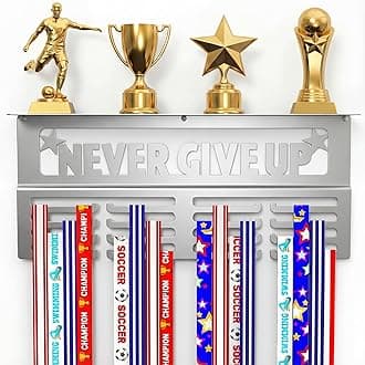Medal Hanger Display with Trophy Shelf - Metal Awards Rack for Walls Holds 64+ Sports Medals- Our Never Give Up 16" Medal Holder Awards Trophy Display