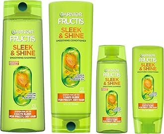 Fructis Sleek & Shine Full + Travel Size Shampoo (12.5 & 3 Fl Oz) + Conditioner (12 & 3 Fl Oz) Set for Frizzy, Dry Hair, Plant Keratin + Argan Oil (4 Items), 1 Kit (Packaging May Vary)