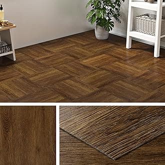 Livelynine Vinyl Flooring Tiles Brown Wood Effect 30x30CM Floor Tiles Self Adhesive Bathroom Waterproof Stick on Flooring Tile for Kitchen Peel and Stick Floor Tile Dark Wood for Living Room, 4 PCS