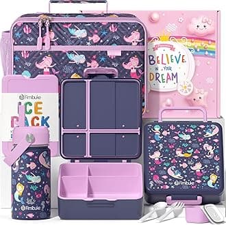 Kids Bento Lunch Box with 4 Compartments, Insulated lunch Bag, Stainless Steel Insulated Water Bottle, Ice Pack & Utensils Set, Birthday Gifts for Ages 3-12 Back to School Toddler Girls Boys