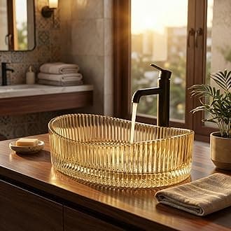 InArt Luxury Gold Glass Basin 50x37x14cm - Oval Countertop Wash Basin with Glossy Finish, Easy Clean, Modern Style for Bathrooms & Living Rooms (Gold 1)